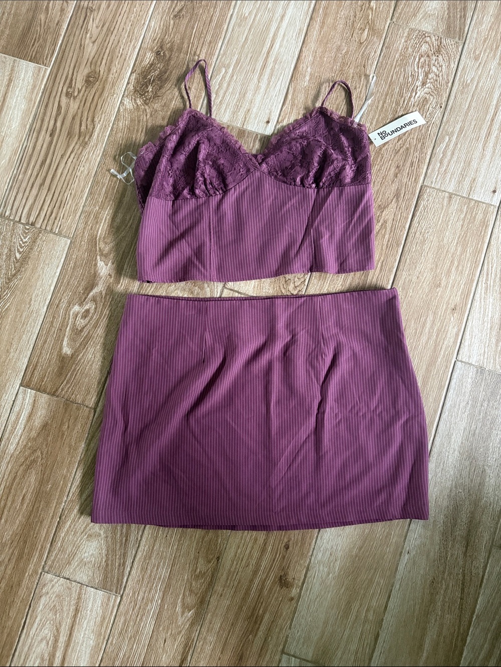 No Boundaries Lace-Trim Bralette & Ribbed Skirt Set in Plum